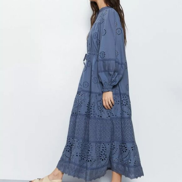 Warehouse Asos Blue Broderie Drawstring Waist Midi Dress - Picture 2 of 4